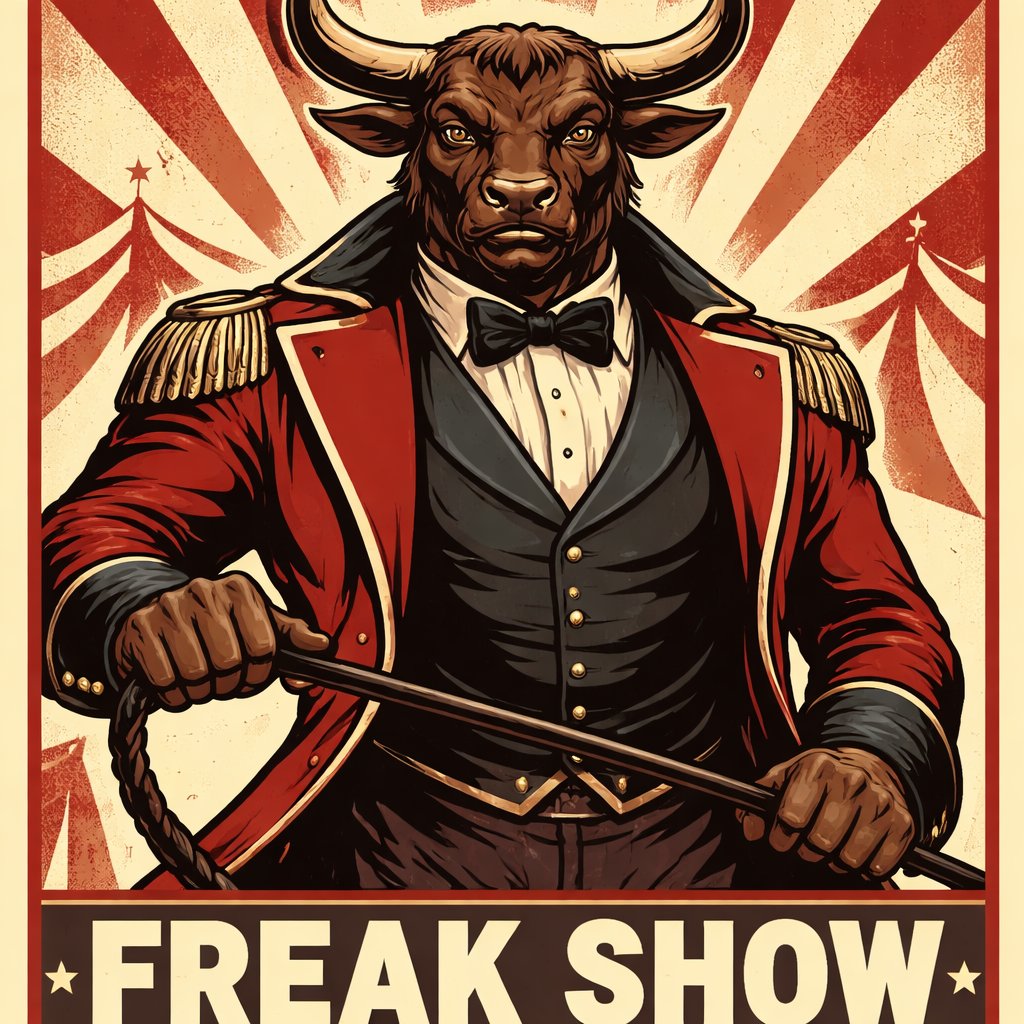 A male medium brown Minotaur with brown eyes that has a well~proportioned figure that works at freak show as the ringmaster. That has abilities of Reality Rejection, Time Manipulation (Chronokineses), Zoolingualism (Language of Cattle only), Human Speech. He’s basically a hybrid with his mother being a human with half-animal (Cretan bull) physiology and his father a Cretan Bull.