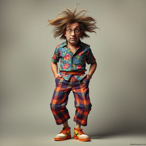 Create a funny looking paranoid man in the world, with a not so stylish outfit head to toe