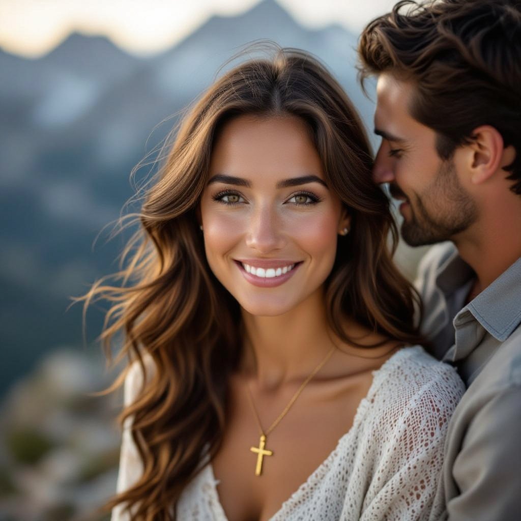 Woman long brown hair and brown eyes standing on a mountain with a renewed heart, Gold cross, loving my husband 