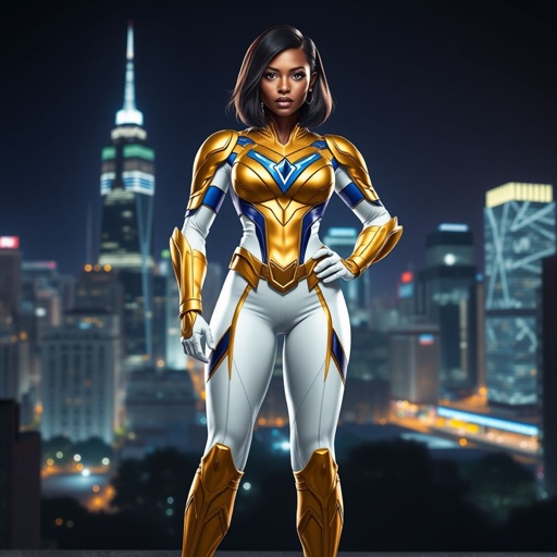 African American female superhero with shoulder length hair in a side part style wearing a slightly armored gold and white suit with blue accents with white pants and gold boots with a stylized V as her chest emblem standing ona roof in a Philadelphia at night