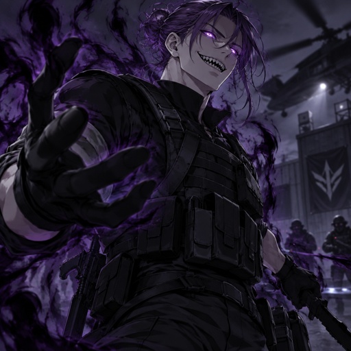 Anime style, Agent Ward male, made to be a weapon, highly skilled, emergency backup case he gets out of control, hair violet messy bun, clean shaven, night vision eyes no goggles, sharp teeth, dark power, tall, intimidating, big grin, he's used as an emergence backup weapon,before he was made into an experiment,ward was pale skin with black neck hair dark brown eyes