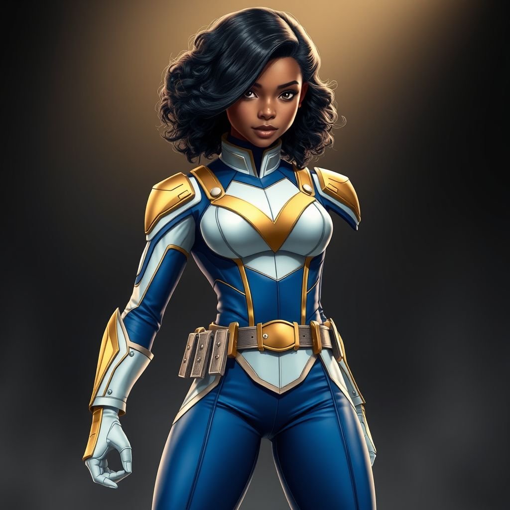 A teenage African American female with shoulder length curly hair  in a side part style superhero  wearing a mask and a professionally made slightly armored white and blue suit with blue pants gold accents and a stylized V as her chest emblem a utility belt and gold boots