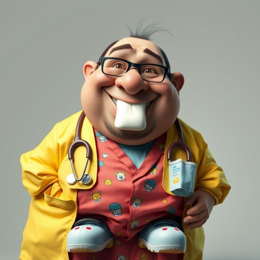 create a fat doctor. Who is funny human looking from head to toe. And he always immediately results to surgery for anything even small things. So please be sure to show his whole outfit head to toe. Make him have 1 tooth