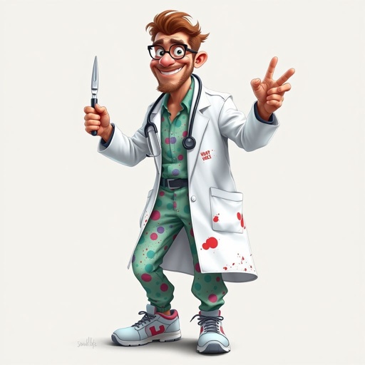 create a doctor. Who is funny human looking from head to toe. And he always immediately results to surgery for anything even small things. So please be sure to show his whole outfit head to toe.