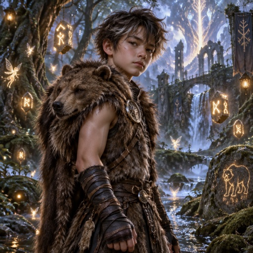 Young korean and scandinavia mixed boy wearing a bear sleeveless coat with black leather wrapping on his hands