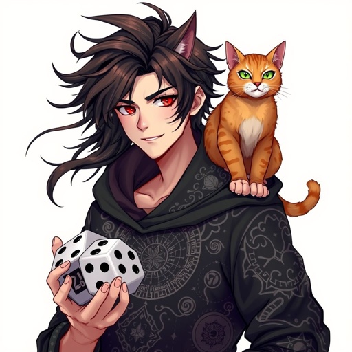 A guy with dark brown hair who holds epic looking dices normal size with 20 sides in one hand, he wears a black hoodie and he has 1 orange cat with pretty design at his shoulder, and has a small smile, his nails are not painted