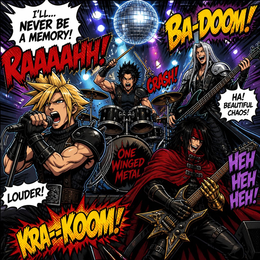 Cloud Zack Sephiroth and Vincent from ff7 cloud singing heavy metal very aggressively and Zack aggressively playing drums and yelling Sephiroth aggressively playing base and laughing and Vince aggressively playing the guitar and laughing on a stage with a disco ball