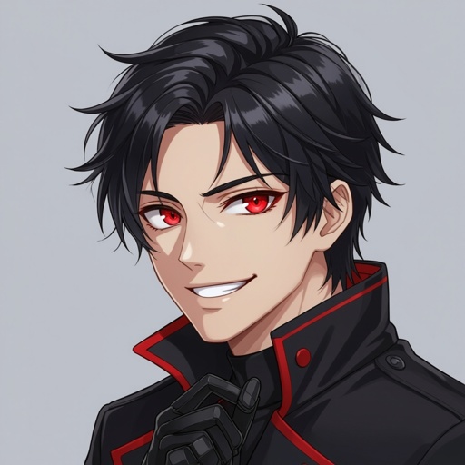 Please create a man, crimson red piercing eyes, sharp smirk, black hair in a mullet like hair style. Strong cheekbones but not too strong. Muscles but not too strong, wears a black coat with crimson accents and black leather gloves