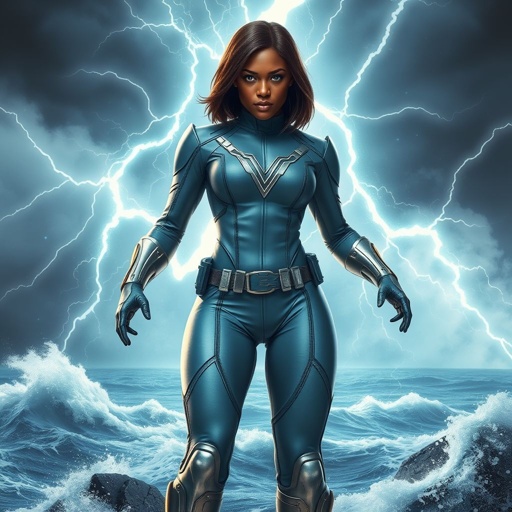 African American female superhero with hair in a shoulder length side part hairstyle with pure white eyes wearing a leather slightly armored light blue and silver suit with light blue pants and silver boots and a V as her chest emblem controlling a storm in the Pacific Ocean
