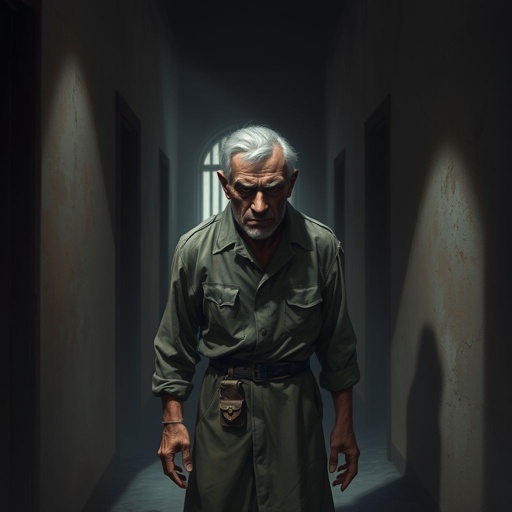 Create this background hall inside was dim, paint peeling in sheets. A metal door led to the cell block. Six cells, all empty. A cracked toilet in each. Rusty bunks, stale air, dust everywhere. No character just background