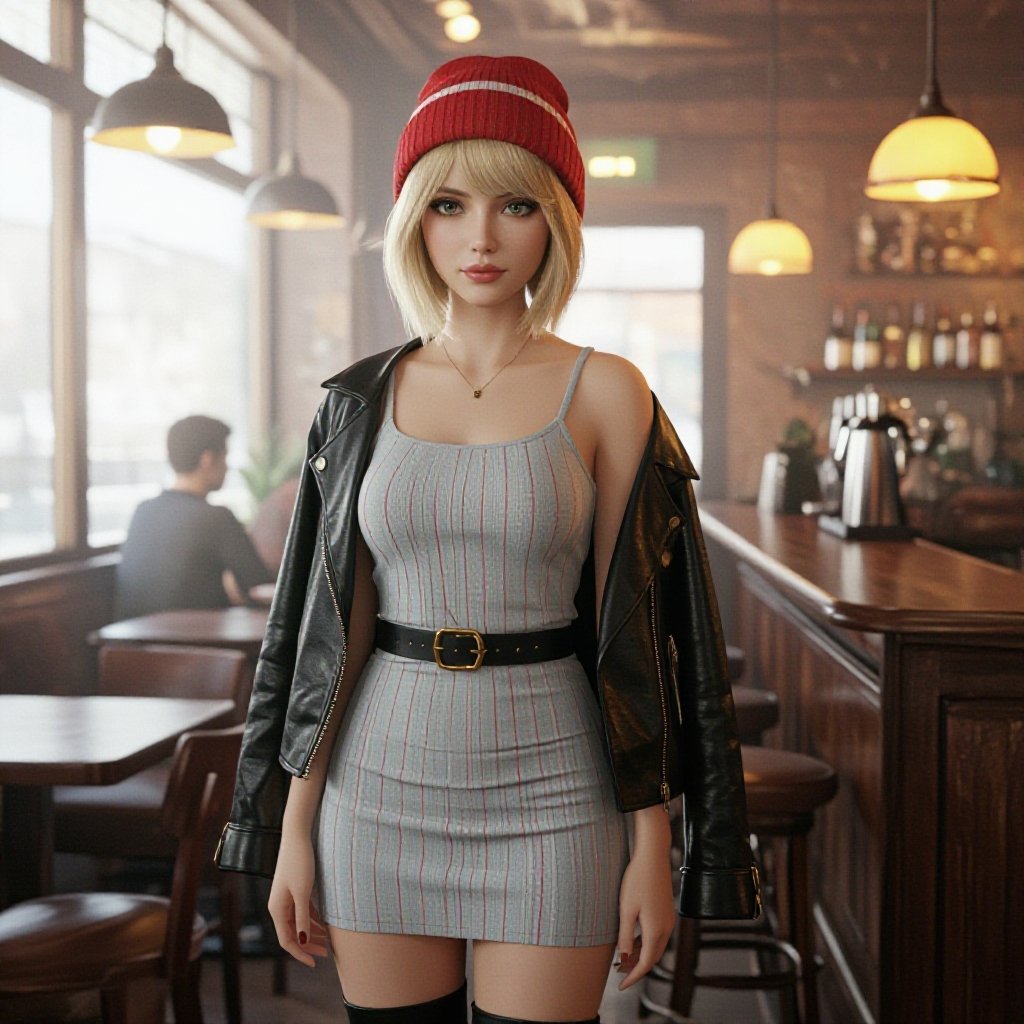 A semi-realistic, cinematic portrait of a young woman standing in a softly lit bar. She has a short blonde bob and expressive eyes beneath a red beanie with a thin horizontal white stripe. Her outfit features a light gray mini-dress patterned with thin vertical red and white stripes, cinched at the waist with a black belt and gold buckle. A black leather jacket hangs loosely off her shoulders, and she wears tall black boots. The warm bar lighting casts soft amber tones over wooden shelves lined with bottles, creating a cozy yet confident nighttime atmosphere that highlights her stylish poise.