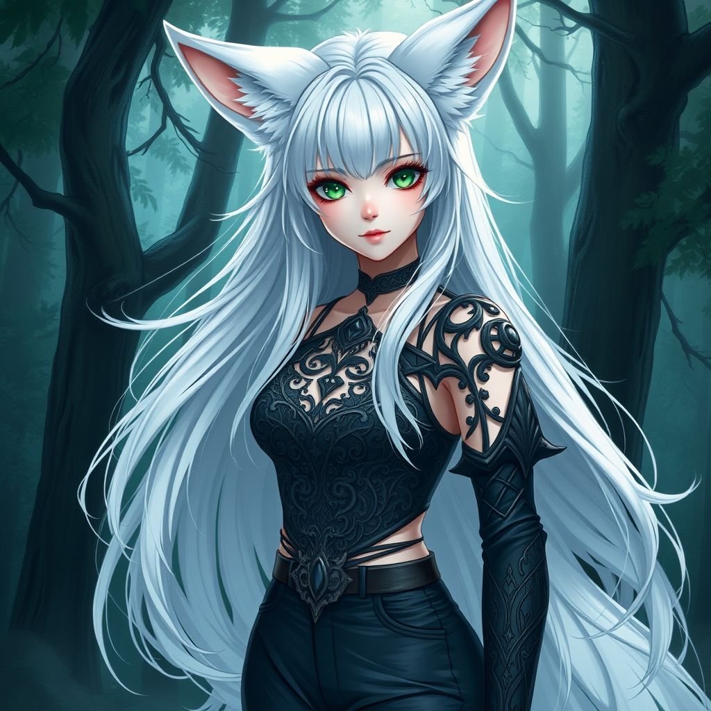 A teenage girl with pale skin and emerald eyes wearing black royal top and trousers with long white hair and small fox ears