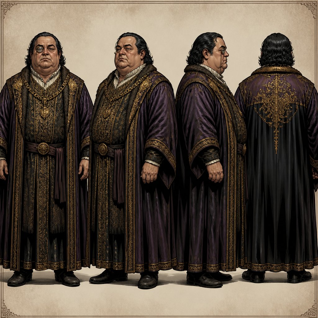 No caricatures, no speech bubbles realistic an overweight, middle-aged man with black greasy wavy hair round cheeks and a monocle wearing renaissance rose very ornate several poses front three-quarter front side and back