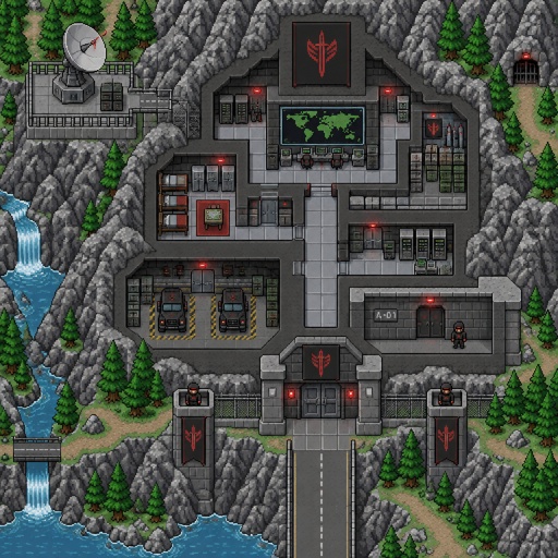 Spy facility on the side of a mountain for a fantasy game set in modern times, exterior, top-down style