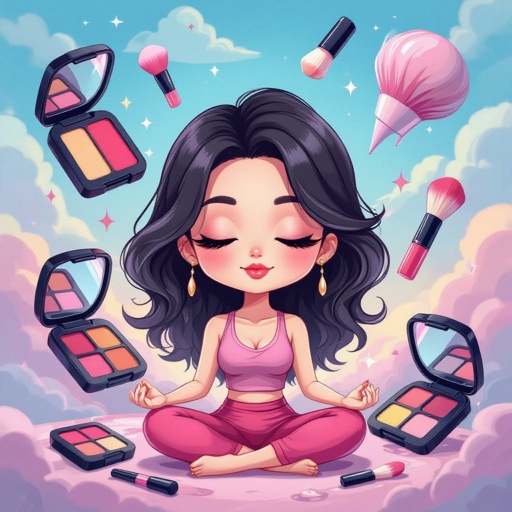 Create a chibi character mid 30’s lady who is the meditating with makeup stuff