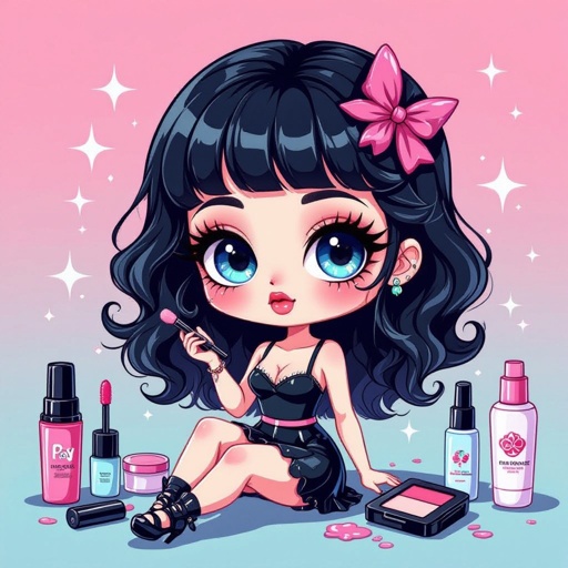 Create a chibi character showing a lady who loves beauty products  