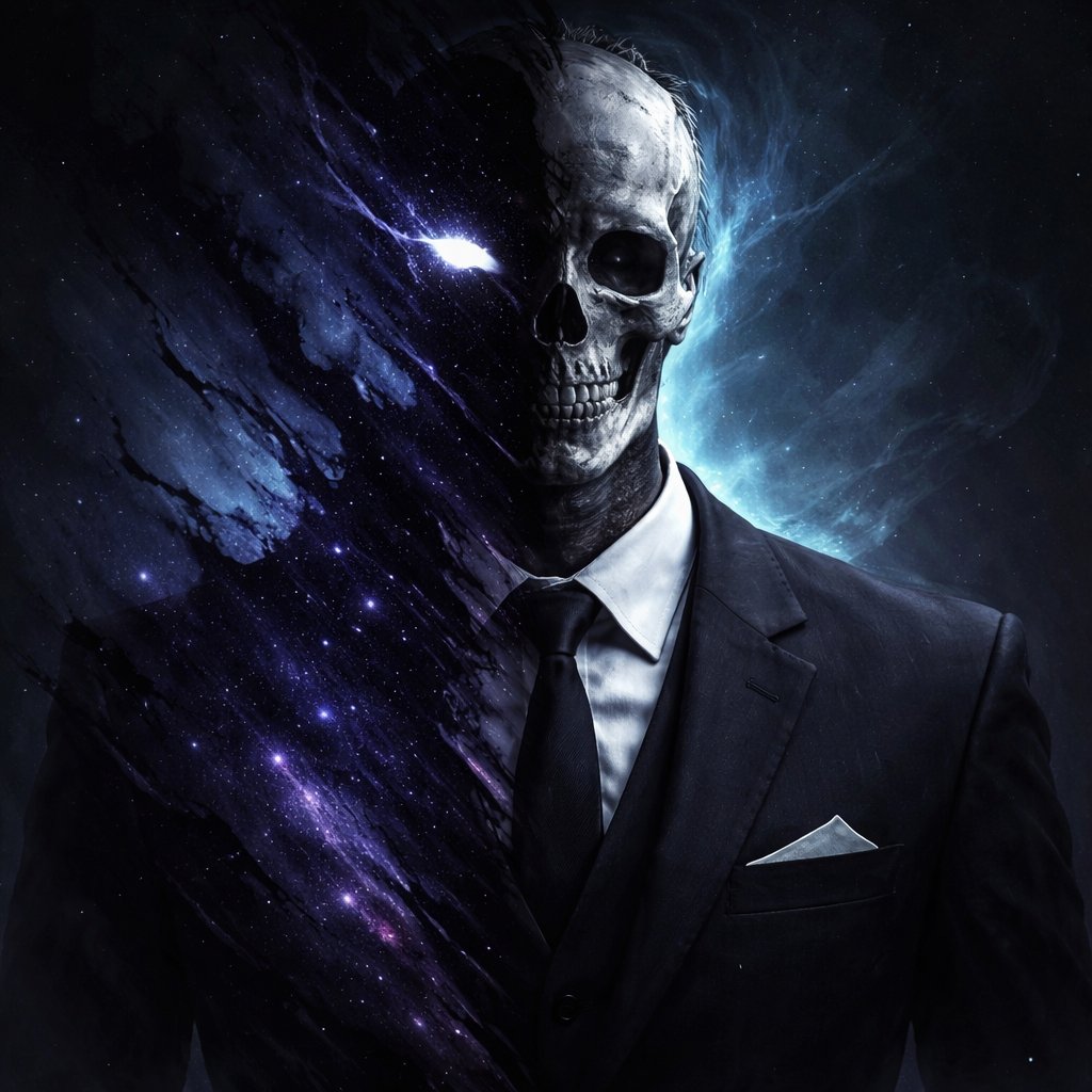 Half void person and skeleton with a suit