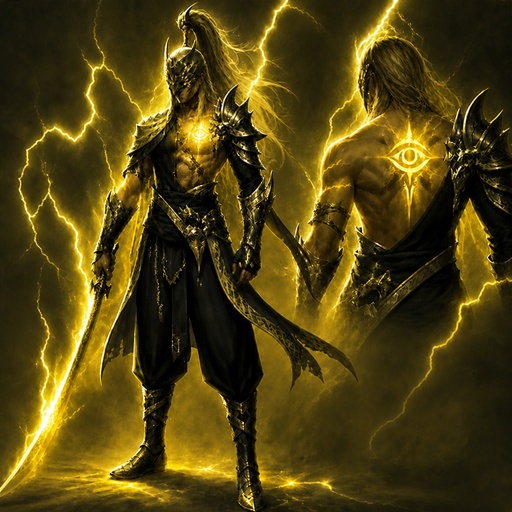 a couple of men standing next to each other in front of lightning