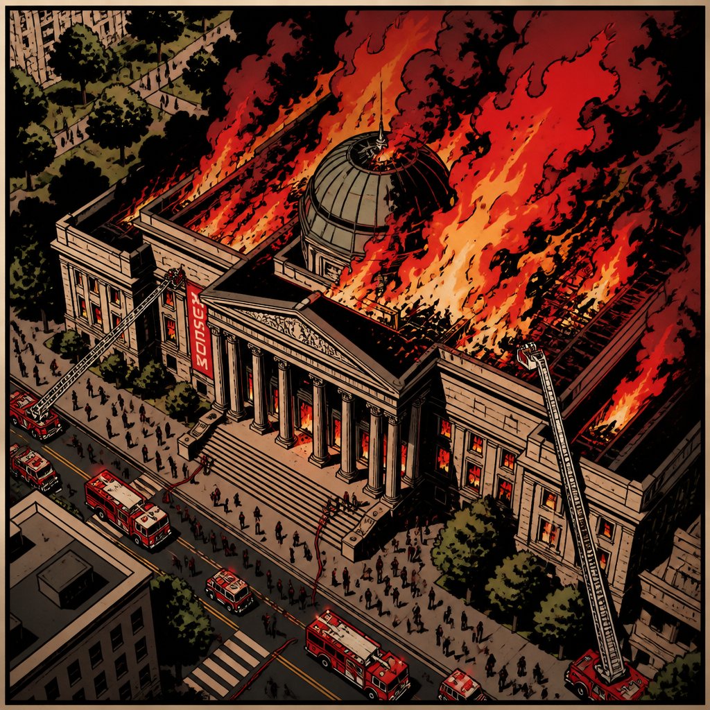 Highly realistic, no print dots no speech bubble and all red painting in a museum on fire drone view