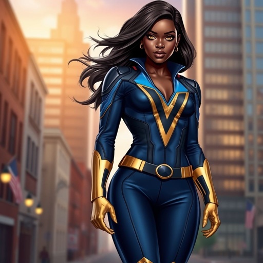 African American female superhero with hair  in a shoulder length side part hairstyle with pure Gold Glowing eyes wearing  a black blue and gold accented suit with navy blue pants and gold knee length boots with a V with the top half gold and the bottom half black as her chest emblem in Philadelphia 