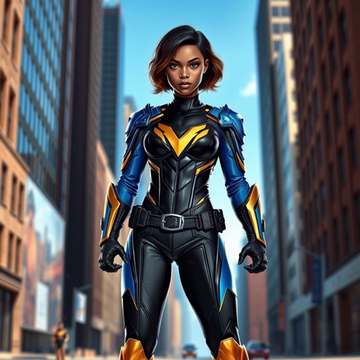 A teenage African American female superhero with slightly curly hair in a shoulder length side part style wearing a polyester armored black and blue suit with gold accents and a stylized V as her chest emblem a utility belt and gold boots standing in Philadelphia