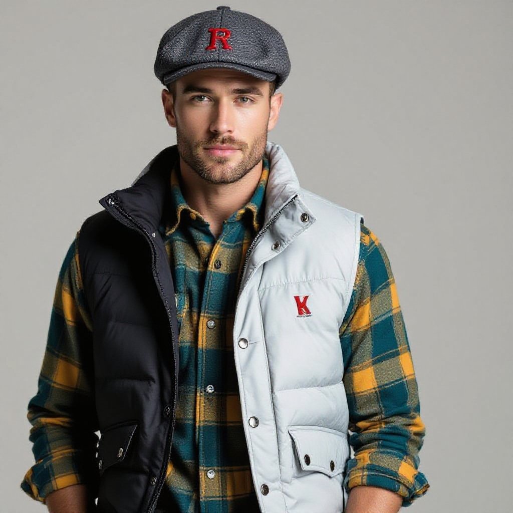 Man in black and light Grey puffer Vest . A Teal and Yellow Flannel underneath. He wears a dark grey leather flat cap with a Red R that’s been slashed