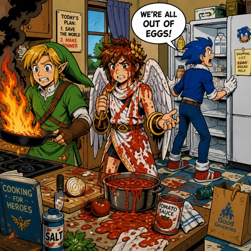 Super smash brothers link from legend of Zelda, pit from kid Icarus, and sonic the hedgehog as a human,in the kitchen trying to make dinner, link accidentally caught the pan on fire, pit spilled tomato sauce on himself and Sonic looking in the fridge yelling “we’re all out of eggs 