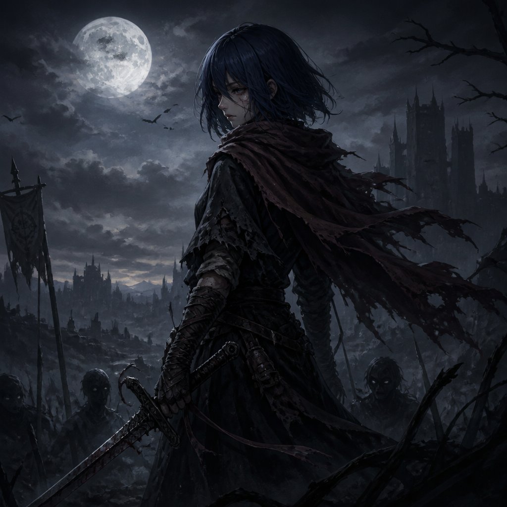 girl long bob dark blue hair scarf sword moon
