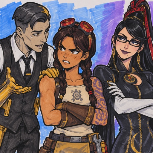 Jules from fortnite really angry, Bayonetta from super smash bros arms crossed smirk, Midas from Fortnite hand on Jules’s shoulder talking