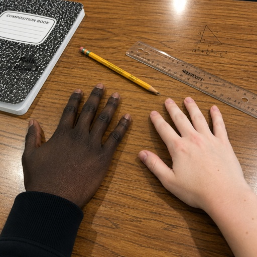 A black hand and a white hand on a math desk