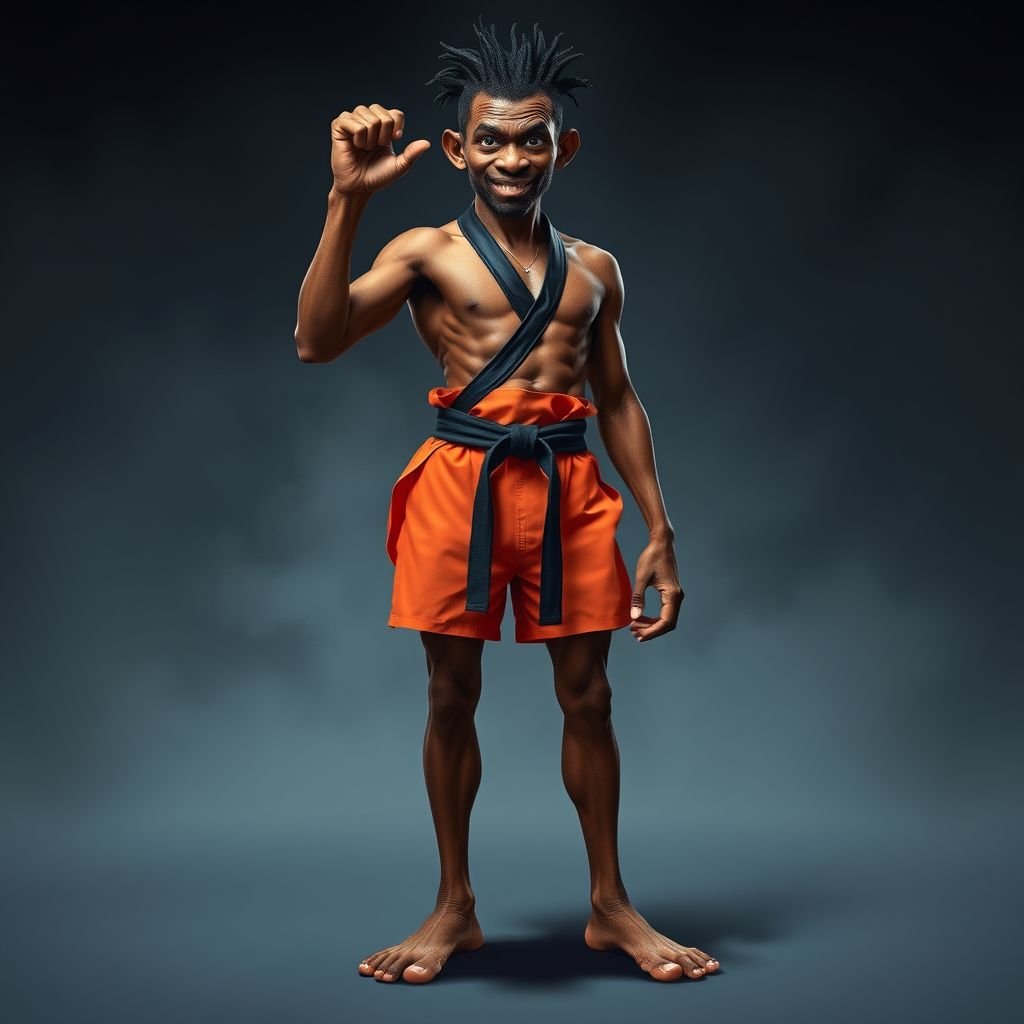 Create a character who looks like a funny African karate guy who doesn’t have a clue what he is doing. Make him have weird toes, only speedos on and a black karate belt. Make him tal skinny and slinky.