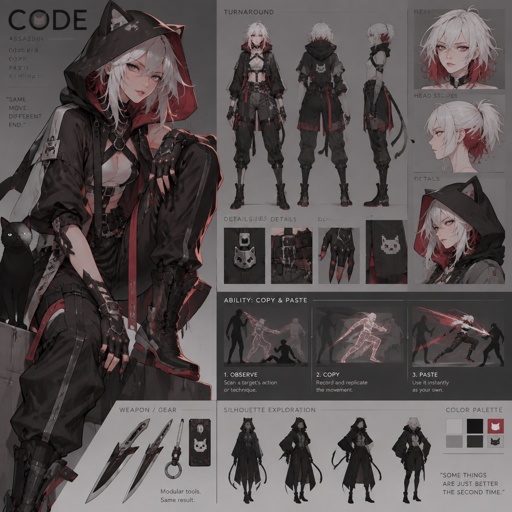 assassin name code, copy cat, copy and paste ability, white hair red on the inside