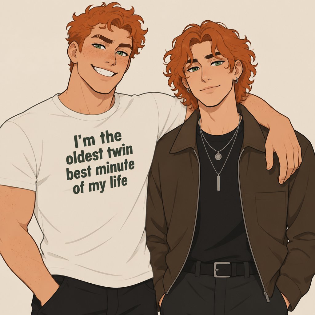 Twin brothers adults,orange red bushy curly hair,green eyes,light skin,one brother is taller and stronger with freckles, the other brother is thinner,no freckles,the skinny one has a orange red little longer curly hair,earrings,nice jacket and two necklace,other brother is buffer orange red curly hair,big grin,right eyebrow shaved in the middle,freckles,has a teeshirt that says “I’m the oldest twin best minute of my life”