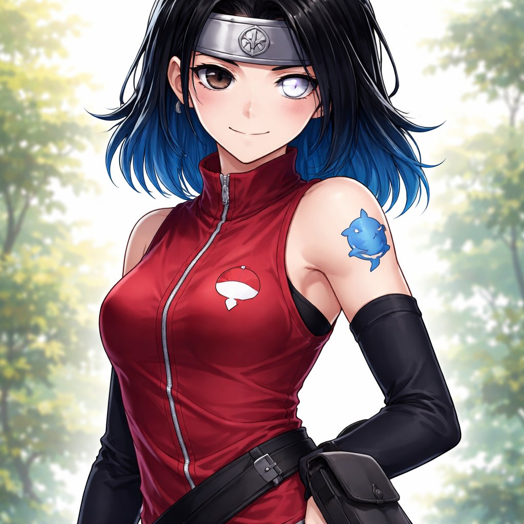 A teenage GIRL that looks like itachi uchiha, has the konoha headband as ONE hair tie with semi long hair, has part blue and part black hair, one eye black and the other white, and uses Sarada uchiha clothes style AND THE UCHIHA AND HOSHIGAKI CLAN logo