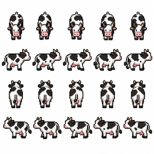Cow for a fantasy game set in modern times, top-down style, 360