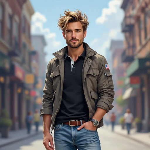 man with Dirty Blonde Unkempt Hair and Goatee.  Astronaut Flight Jacket Black And White Polo and Light blue denim jeans with red sneakers