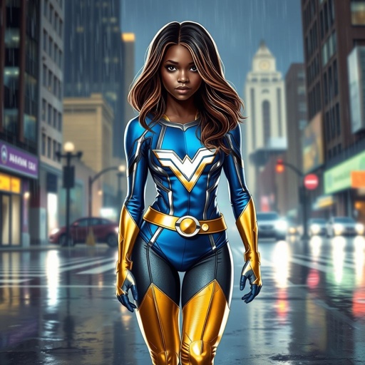 A teenage African American female superhero with shoulder length brown hair with light brown highlights in a side part style wearing a blue gold and silver suit with blue pants and gold boots with a utility belt and a stylized V as her chest symbol standing in Philadelphia while it rains