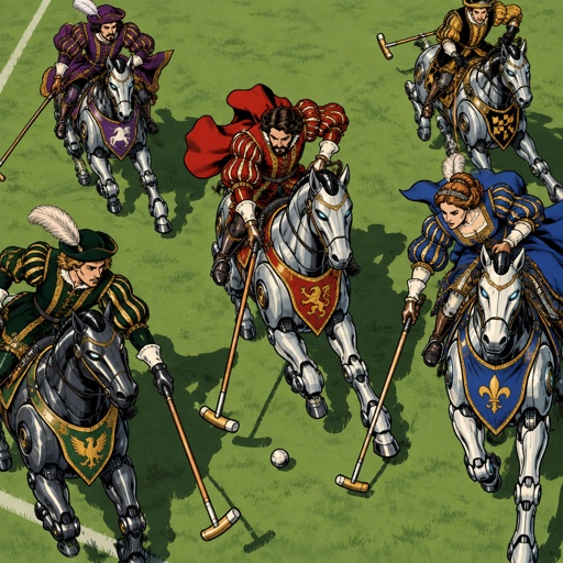 No print dots no speech bubbles vivid colours a group of people dressed in ornate Renaissance robes riding robot style horses, and they are playing polo. We see them from above as a drone shot.