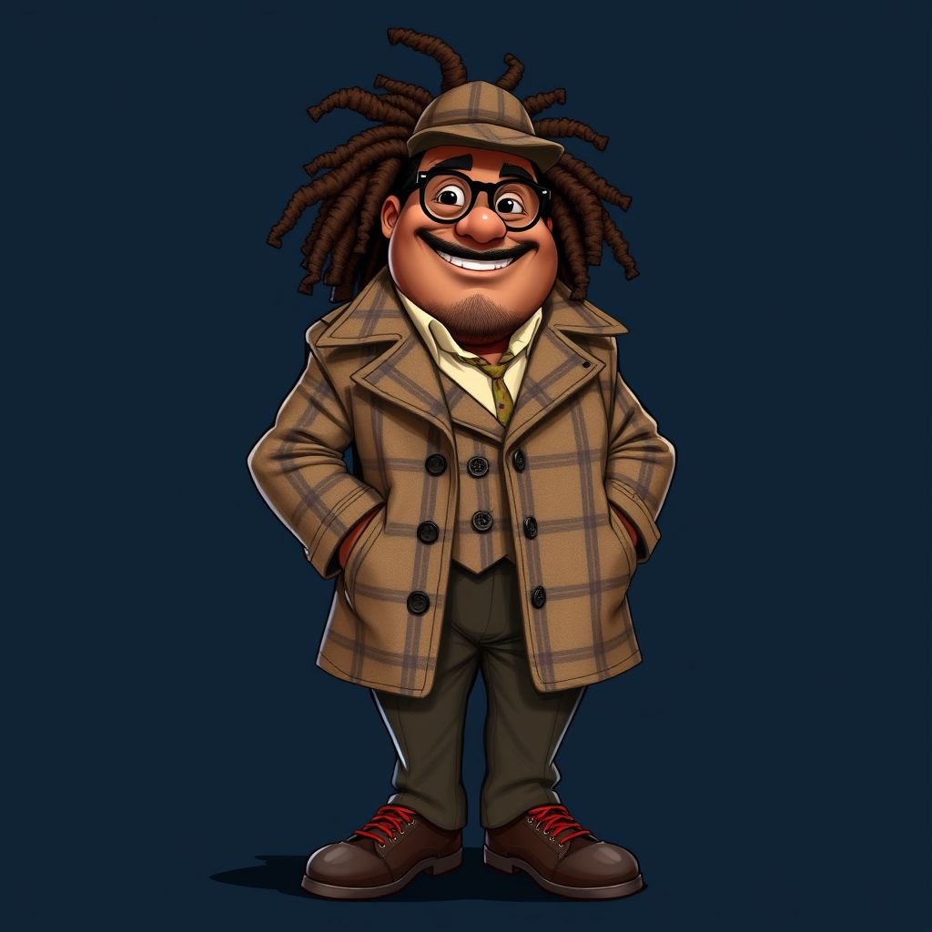 Create a funny fat character similar to Sherlock Holmes, but make him of black decent and with dread locks. Show his whole outfit including his shoes.