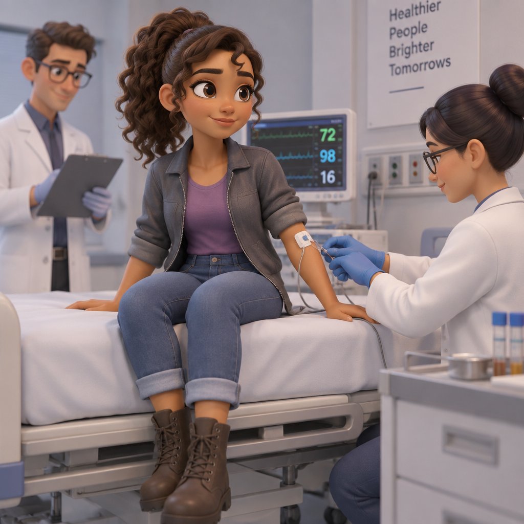 Female, tan skin, brown eyes, pointy nose, curly ponytail, curl in the middle of her forehead, grey jacket rolled up sleeves, jeans, boots, purple shirt, in the hospital, scientists all around her doing tests on her