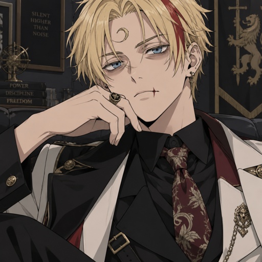 Male blonde hair, neat hair, curl on forehead, red streak in hair, scar on lip, blue eyes, eye bags, designer, 