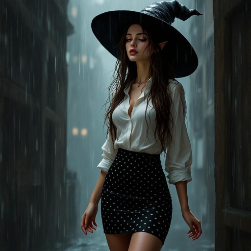 Brunette Elf Wizard Librarian with Long brunette hair in a tight black and white polka dot mini pencil skirt and a white open blouse and a big witches hat. She looks like she’s daydreaming the hottest moment ever and is drunk standing in the rain her outfit wet
