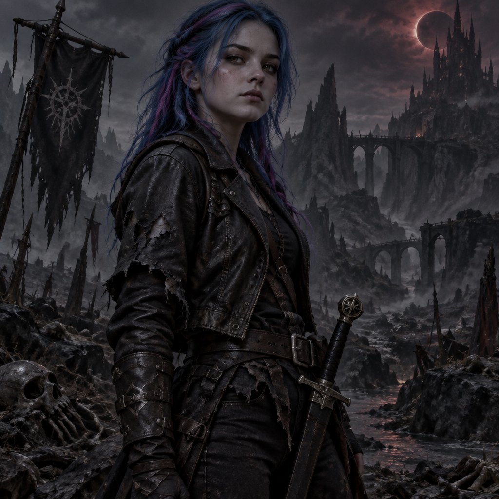 A 17 year old girl who has blue hair with pink and purple stripes and hazel eyes. She is wearing a black jacket and black pants. At her side is a sword in its sheath. She looks strong and confident.