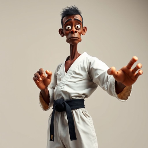 Create a character who looks like a funny African karate guy who doesn’t have a clue what he is doing. Make him have weird toes, only speedos on and a black karate belt. Make him tal skinny and slinky.