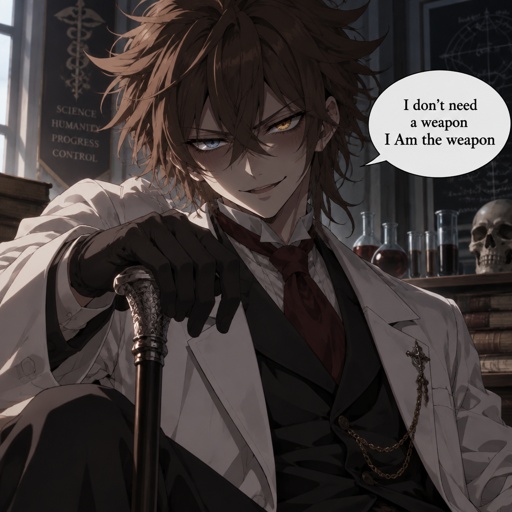 Male,young scientists,lots of bushy messy brown hair part sticking up on the sides is also drooping down in the middle of his forehead linger strands of hair over his ears,  heterochromia eyes,facial shad,evil smirk,has a cane,says “I don’t need a weapon I Am the weapon”