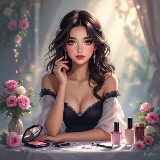 Create a character showing there whole body head to toe, a lady who loves beauty products