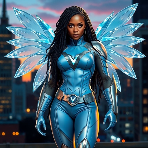 African American female superhero with locs in a shoulder length style wearing a leather slightly armored light blue and silver suit with light blue pants and silver boots and a V as her chest emblem with crystal wings standing in Philadelphia at dusk