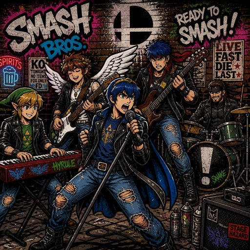Super smash brothers link from legend of Zelda, pit from kid Icarus, Marth from fire emblem, Ike from fire emblem, Solid Snake from metal gear. There in a band, Marth singer really loud ,pit playing the guitar closing his eyes very happy ,Ike playing the bass with aggressive face expression, Solid Snake playing the drums very grin face ,link playing the electric piano smiling, there singing in a bar, there all wear rock and roll clothes 