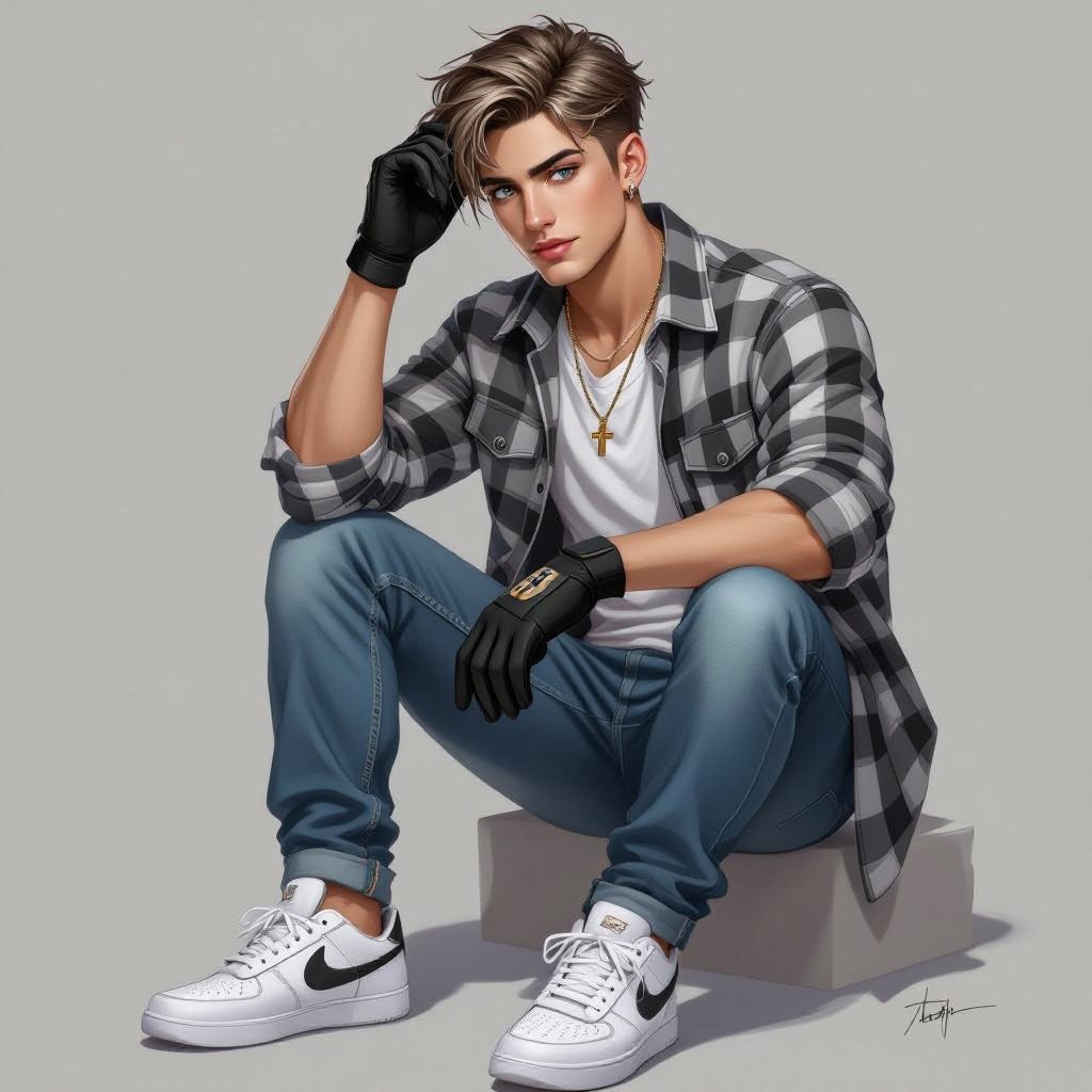 A 20 year old guy with grey eyes, light brown hair styled in a loose undercut modern curtain, wearing white airforce shoes, a white under shirt with a grey, black, and white plaid shirt with blue jeans, hands are black open fingered gloves, no earrings, cross necklace