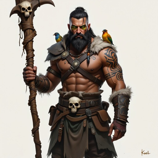 Kael the Beastbound – A rugged, broad-shouldered man with dark skin and a rough beard, wearing armor made from bone and leather. deep green eyes tattoos of animal tracks spiral down his arms. He carries a massive wooden staff carved with the shapes of beasts, and small creatures often perch on his shoulders or follow at his feet.